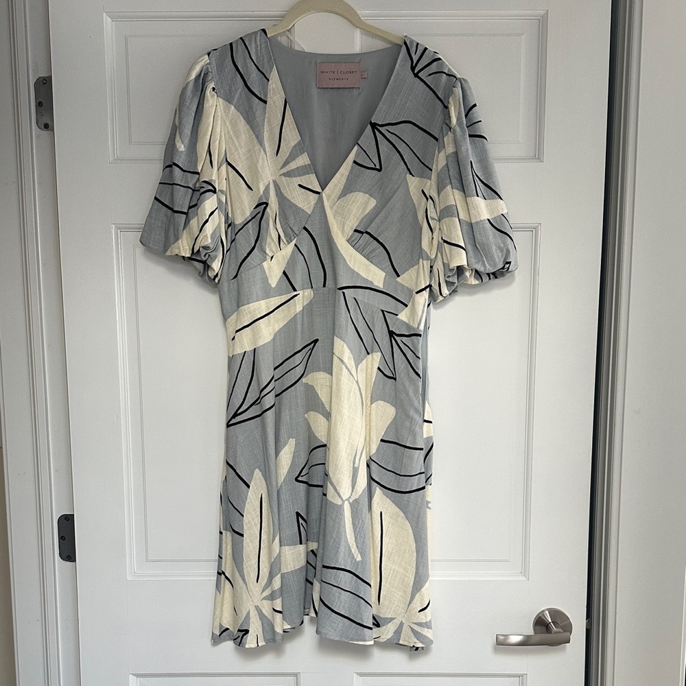 Gray and Cream Leaf Print Mini Dress